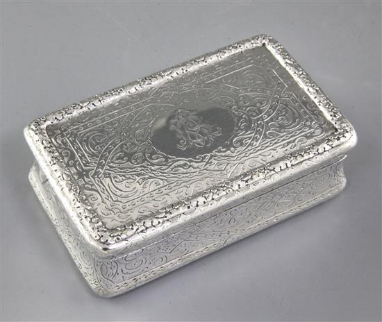 A large Victorian silver table snuff box, by Thomas Johnson I, Length128mm, Weight: 10oz/312grms.